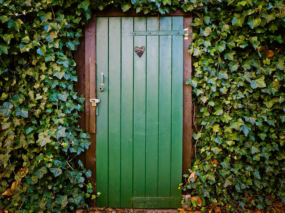 A cozy garden gate with a heart shaped peephole window.