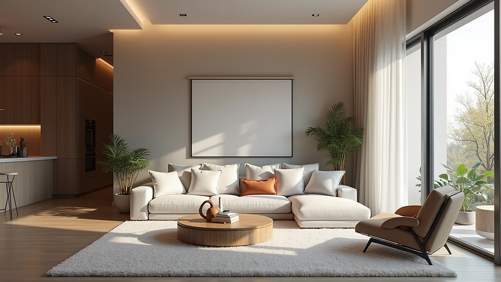Eye-level view of a modern living room with an open floor plan