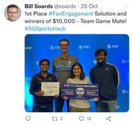 Bill Soards presenting first prize to Vandana Munjal and team at AT&T 5G Sports Hackathon