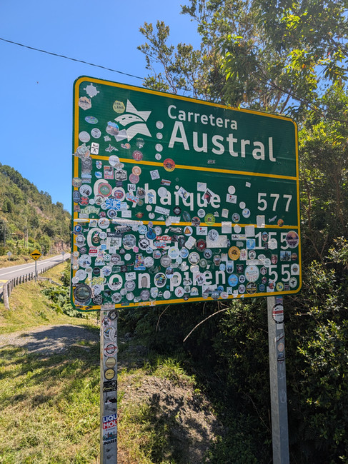 Carretera Austral sign covered in stickers
