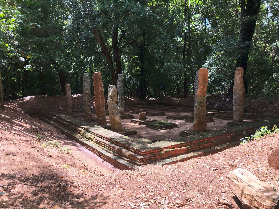 Ancient stone pillars stand in a forest clearing at the Rose Quartz Mountain Range in Dambulla. Sunlight filters through the dense green trees, casting shadows on the earthy ground.
