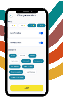 Tuktuk rental app filter options page where you can select to only view other traveller or attractions such as surf spots