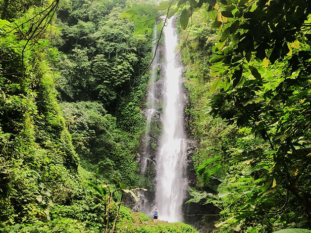 Mike standing at the base of Melanting Falls in munduk, showing the vast scale of the huge cascading waterfall