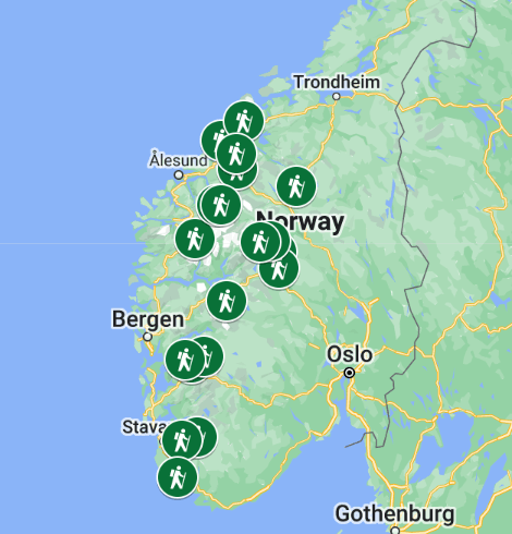 Norway Google Pinned Map | Southern Norway Hiking