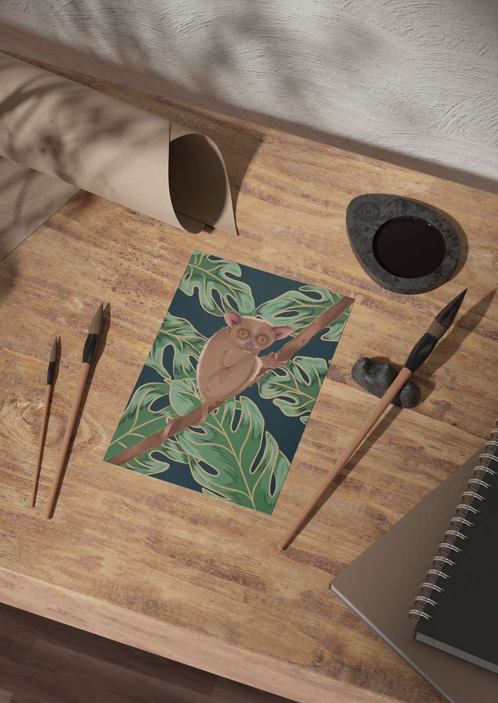 Thumbnail: Bohol Tarsier postcard mockup design on desk