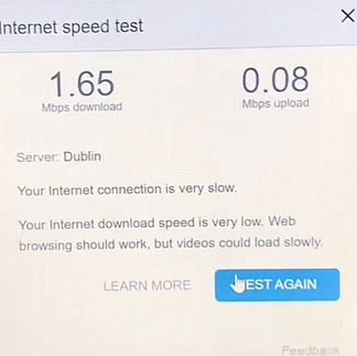 Motorhome wifi speed test in Glen Coe. Upload speed 0.08 and download speed 1.65.