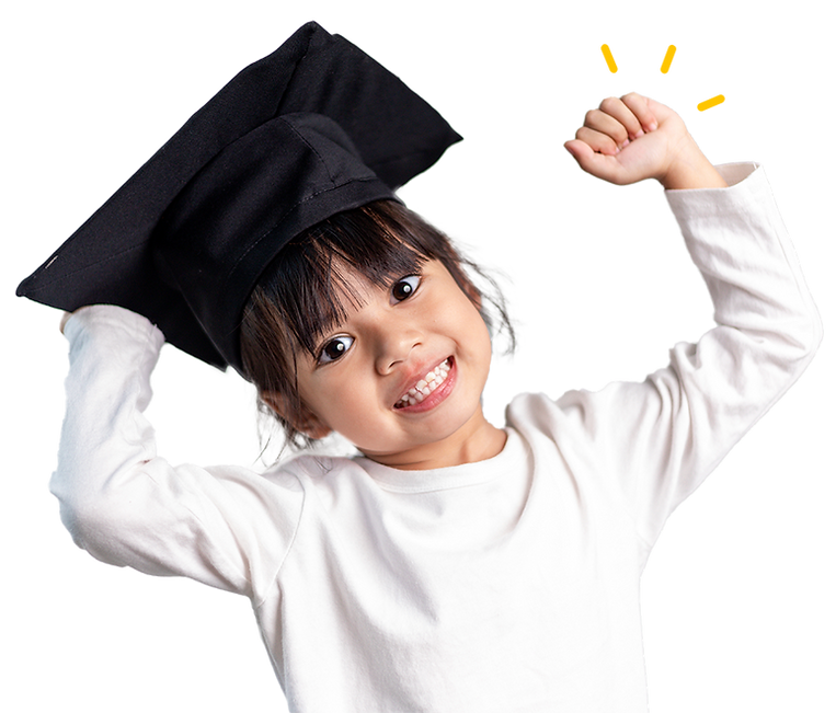Smiling child wearing a black graduation cap, raising a fist with yellow lines above it, symbolizing success and achievement.