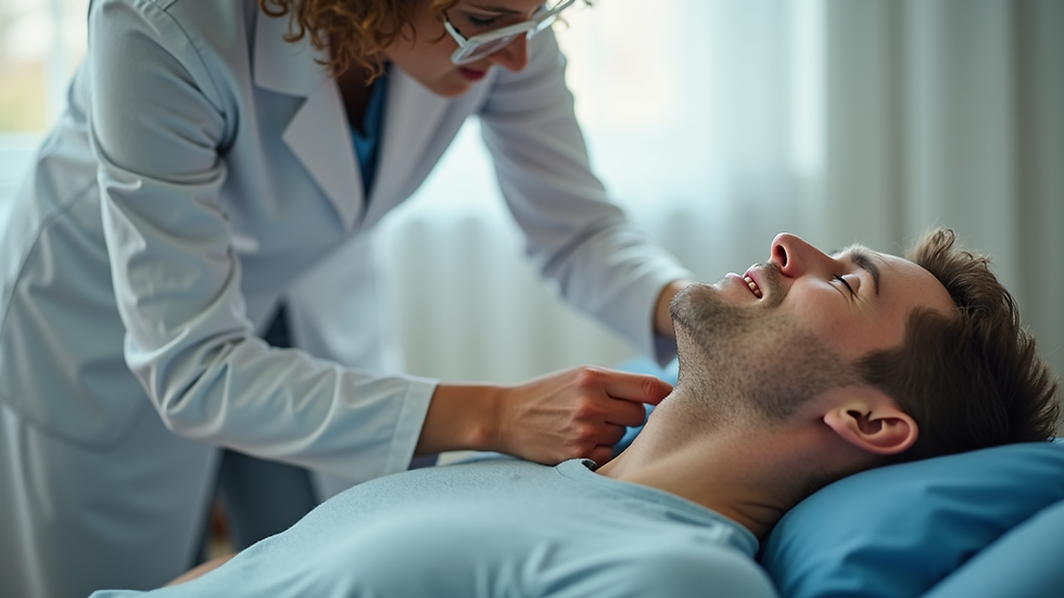 Eye-level view of a physiotherapist guiding a patient through neck exercises