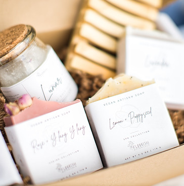 An abundant gift box full of soap, bath salts, and other accessories