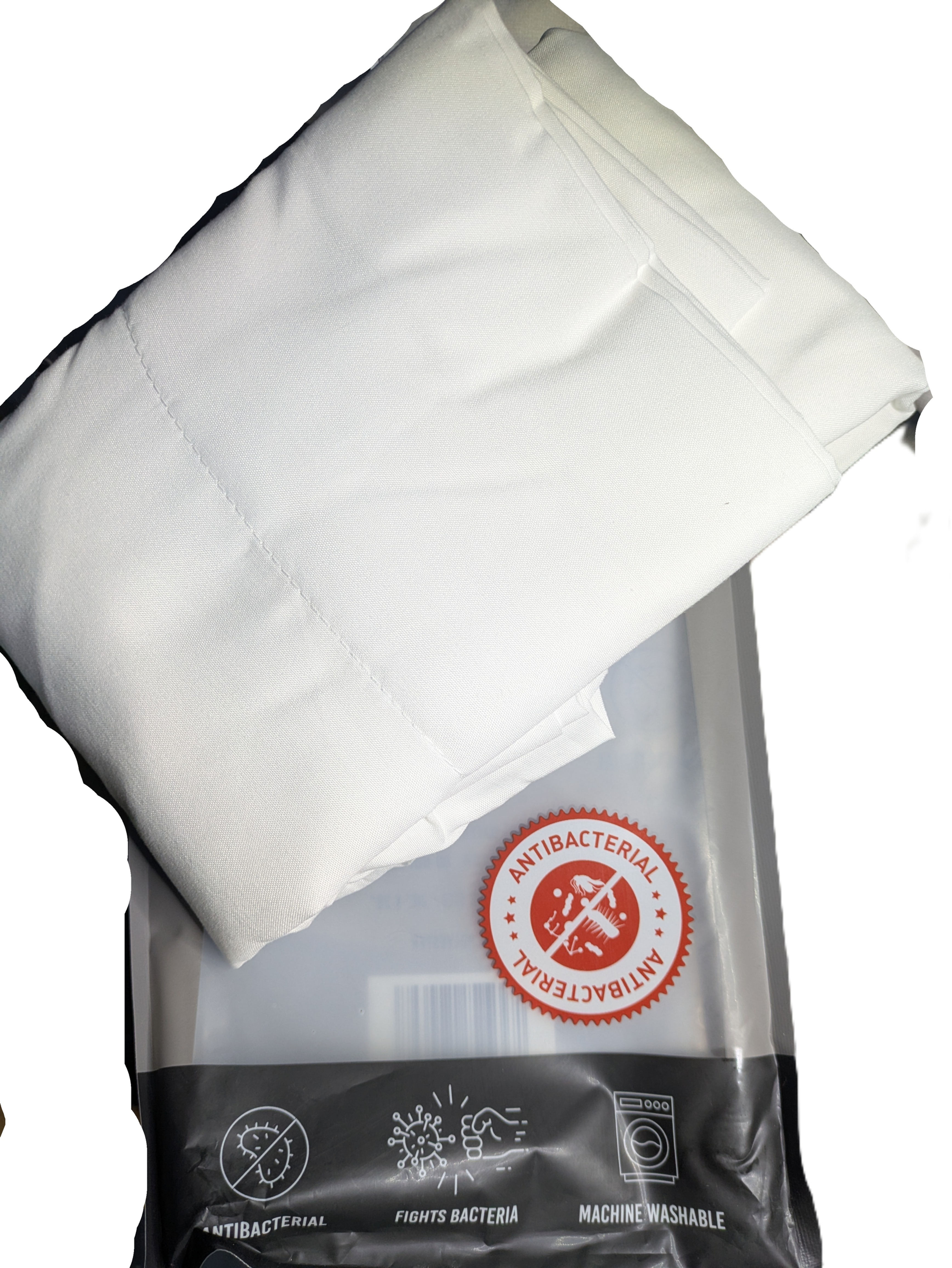 White folded pillow with red antibacterial sticker on clear packaging.