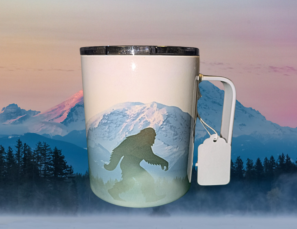 Thumbnail: Insulated mug with Bigfoot silhouette hiking through a snowy mountain landscape.