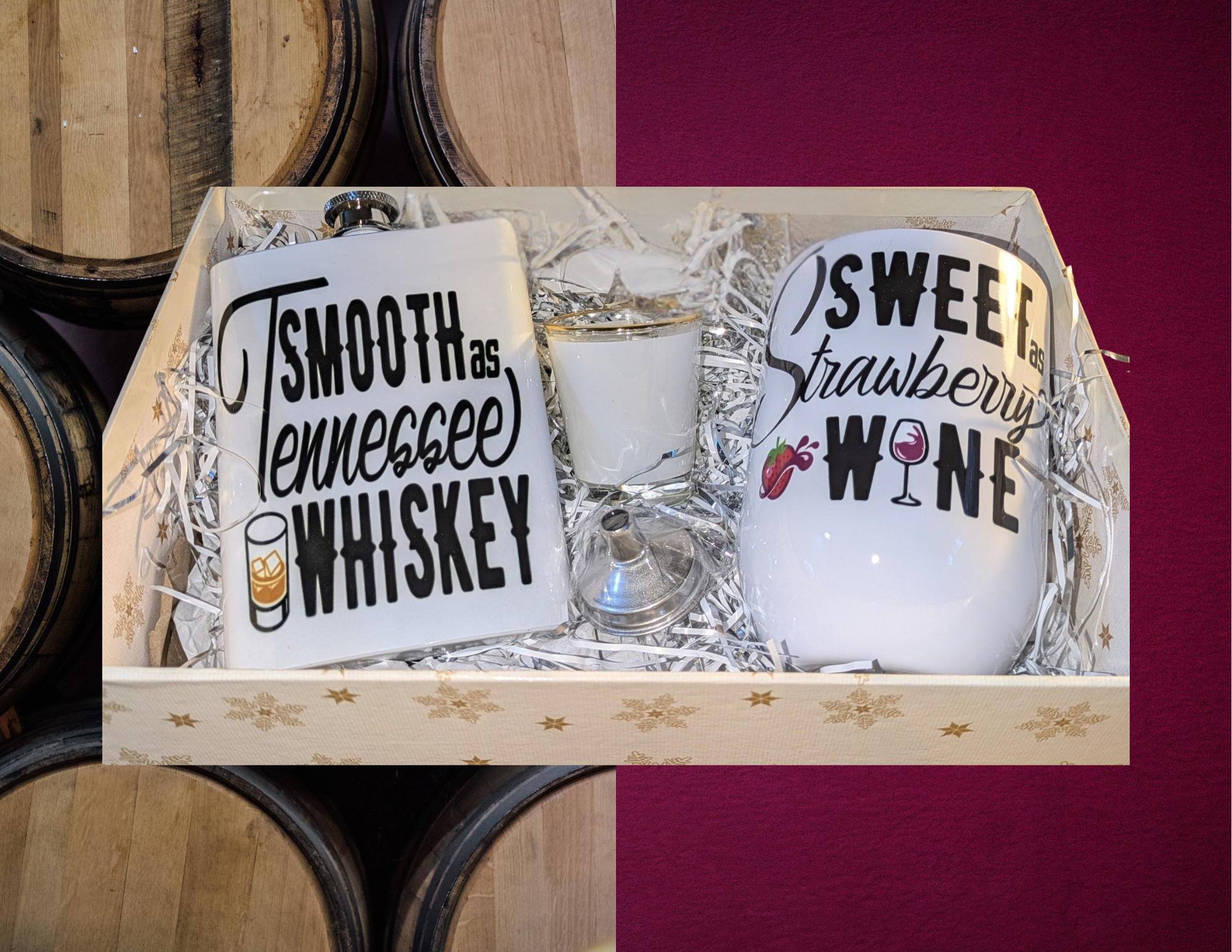 Gift box: "Smooth as Tennessee WHISKEY" flask and "SWEET Strawberry WINE" tumbler.