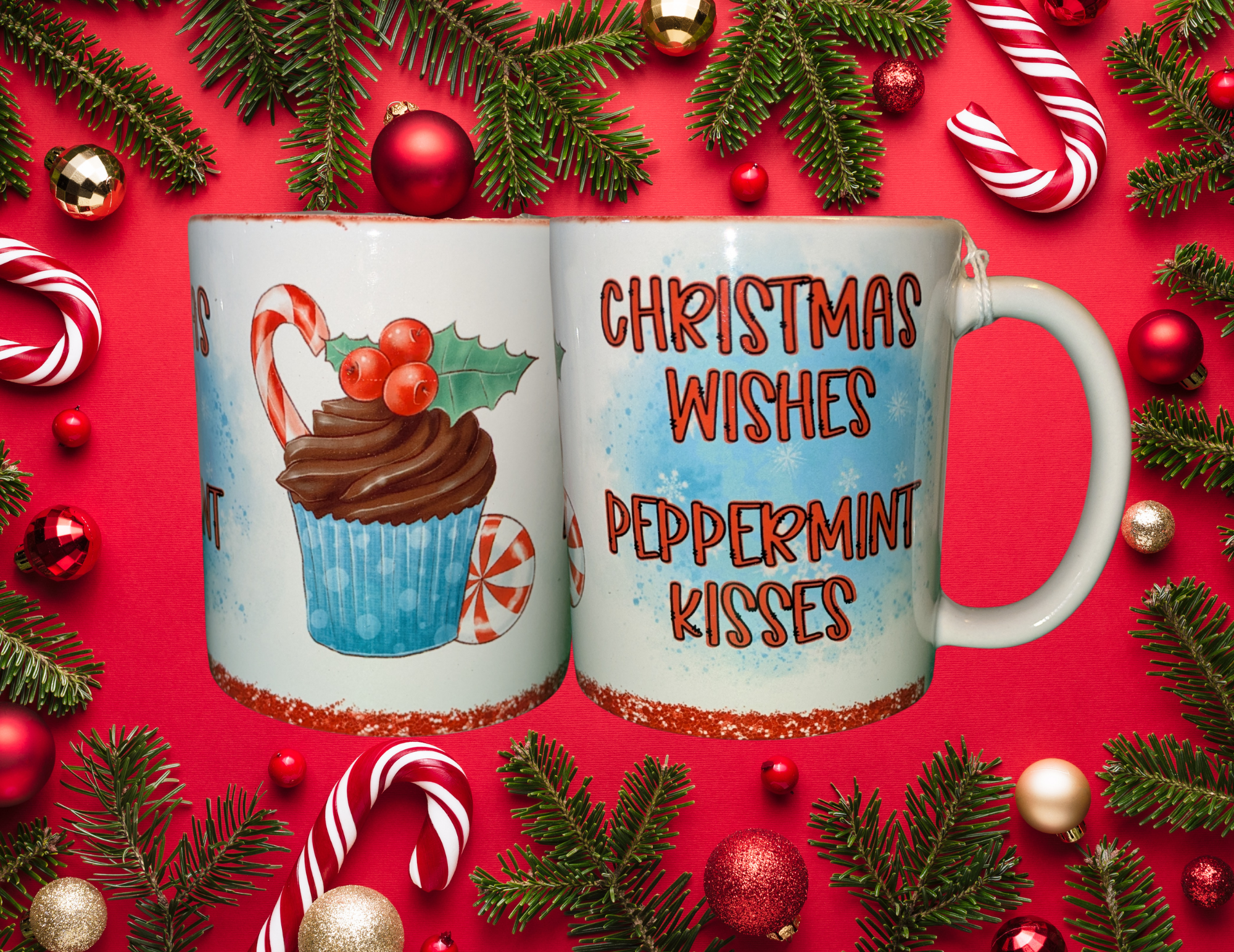 Pair of Christmas mugs: 'CHRISTMAS WISHES PEPPERMINT KISSES', cupcake design.