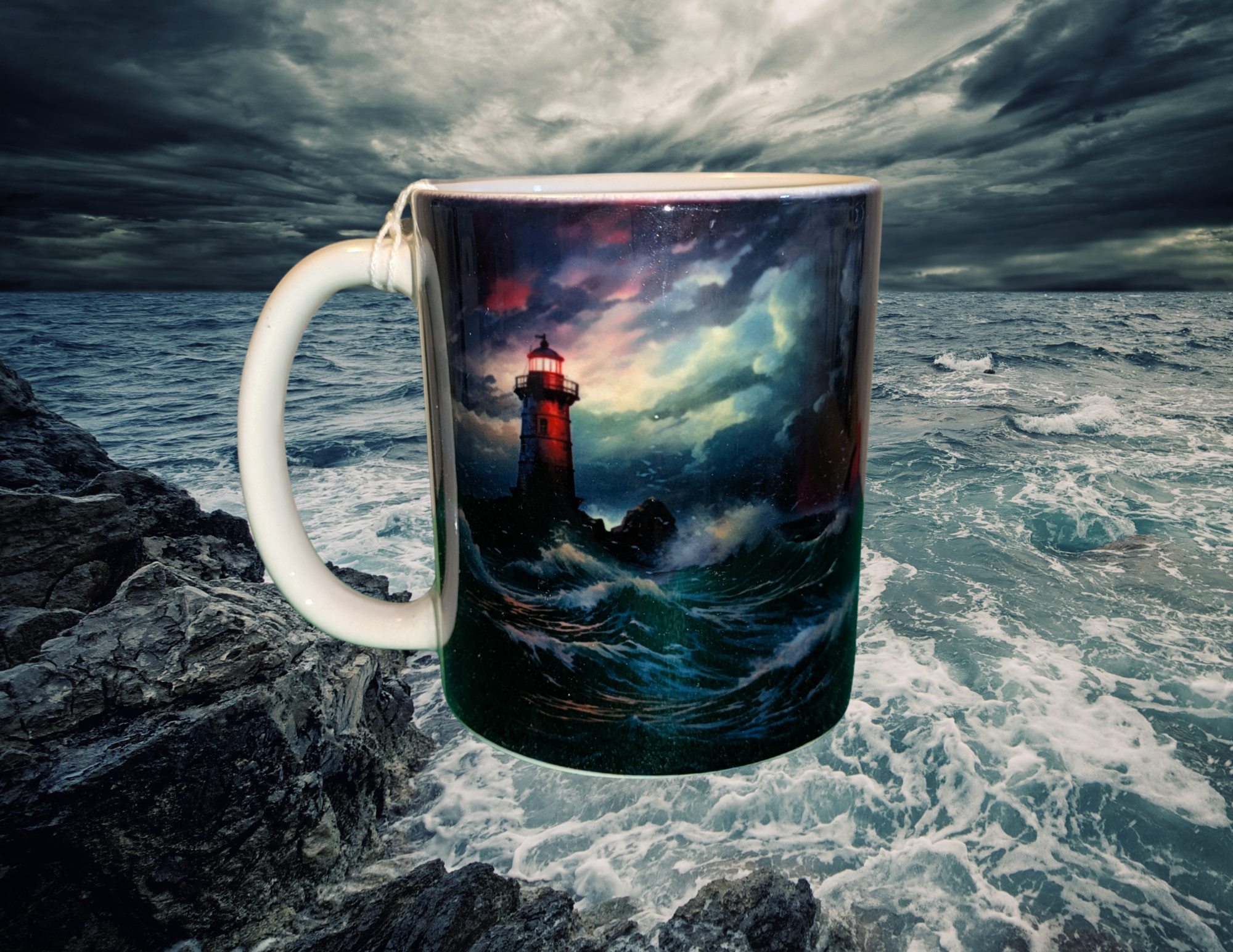 White coffee mug featuring stormy lighthouse on turbulent ocean background.