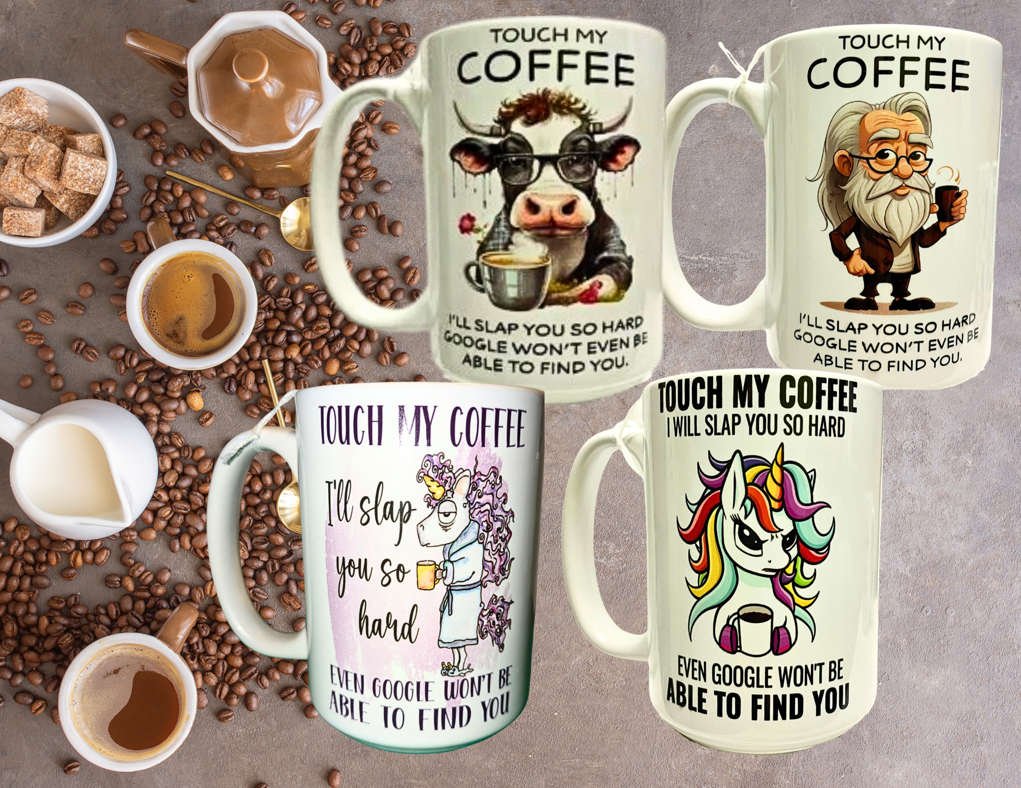 White mugs with funny cow and unicorn designs, "TOUCH MY COFFEE" text.