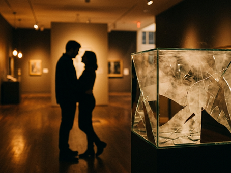 Ein unscharfer Galerieraum in gedämpftem Licht, im Vordergrund die Silhouette eines Glaskubus mit zersplitterten Spiegeln. Zwei Personen stehen einander zugewandt, nur als Schemen erkennbar, keine Gesichter. Farbpalette in warmem Bernstein und sanftem Gold, die eine einladende, fast museale Stimmung erzeugt.