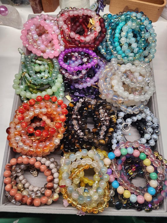 One unit 150/= Ten units 1200/= Assorted Beaded Crystal and Gemstone Bracelets Lot