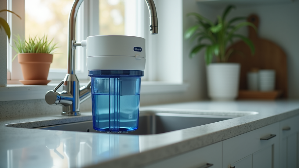 close-up view of a home water purifier system installed under a kitchen sink
