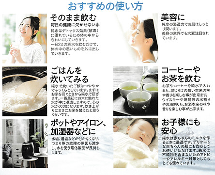 純水のある暮らしの使い方6選:そのまま飲む、美容、ごはんを炊く、コーヒーやお茶、加湿器などの家電、お子様にも安心という利用シーンを紹介したイメージ画像