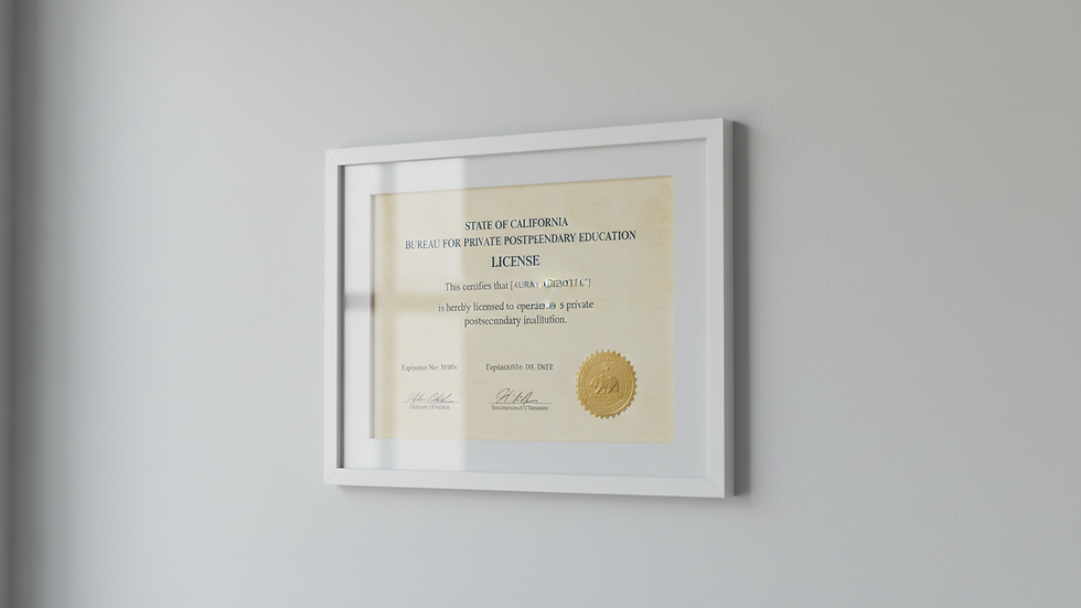 Close-up view of a BPPE license certificate on a wall
