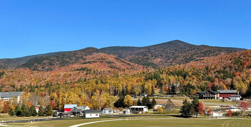 Autumn mountain valley with colorful forest, small houses and barns below, under a clear blue sky; calm rural scene