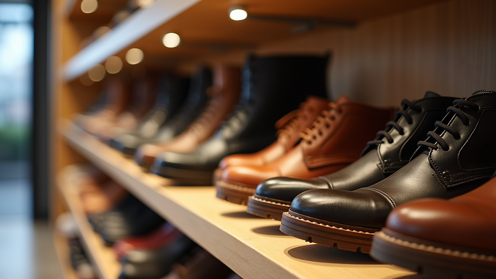 Close-up view of a variety of shoes displayed on a shelf