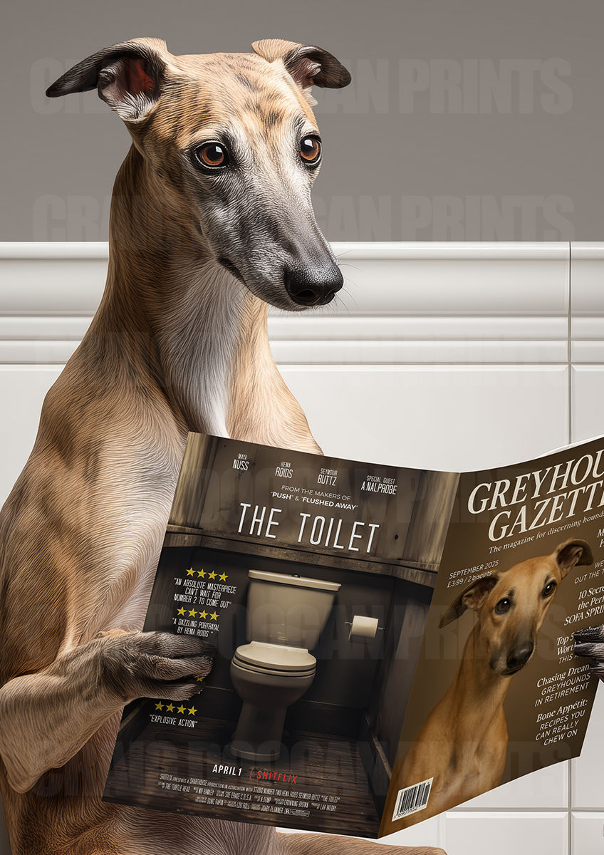 Thumbnail: Photorealistic artwork of a greyhound sitting on a toilet reading a magazine called Greyhound Gazette, humorous bathroom wall