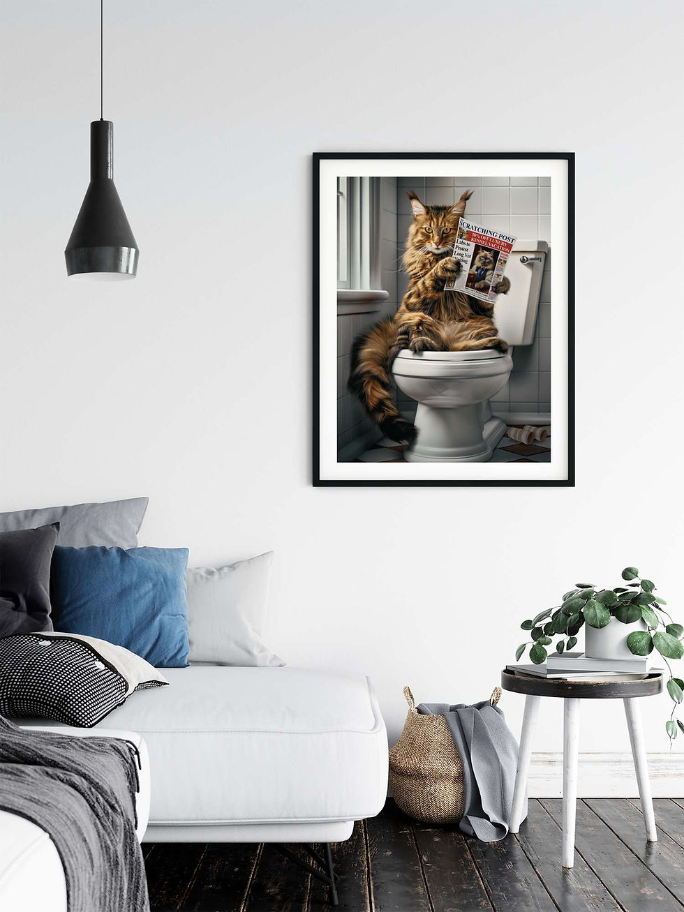 Thumbnail: Maine Coon on the Toilet Reading Newspaper Funny Cat Bathroom Wall Art Gift