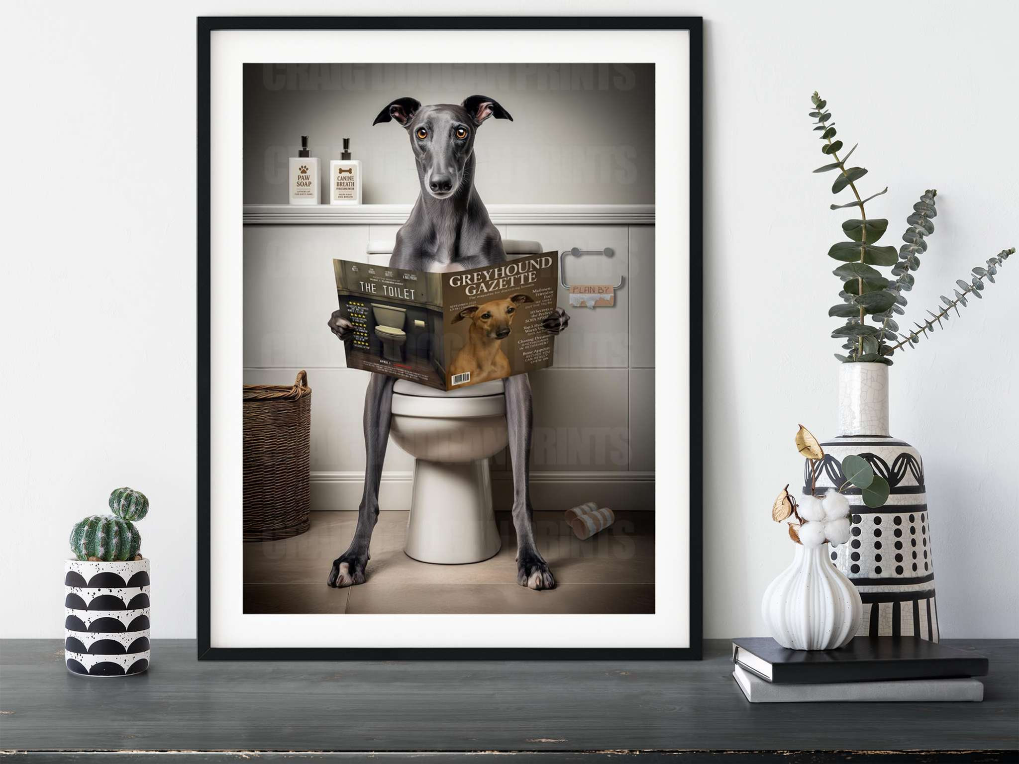 Photorealistic artwork of a greyhound sitting on a toilet reading a magazine called Greyhound Gazette, humorous bathroom wall