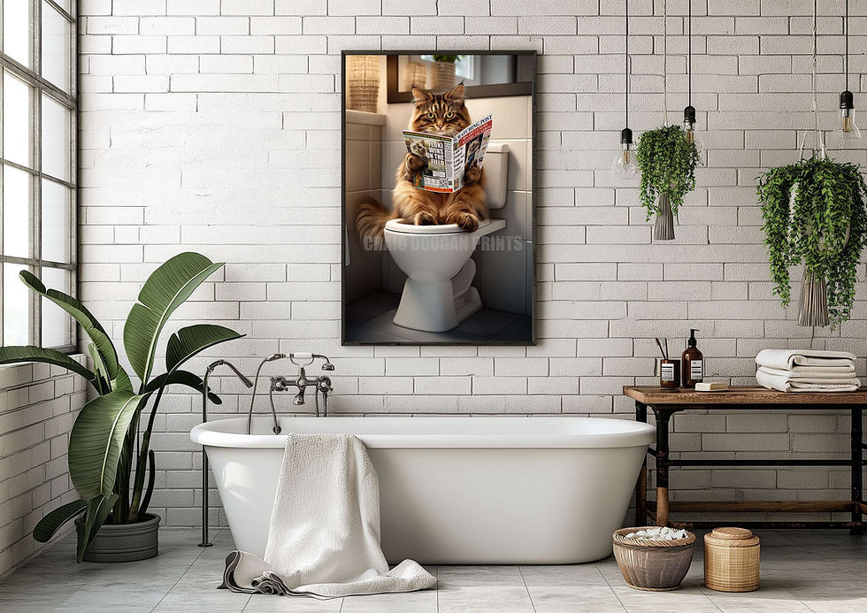 Thumbnail: Norwegian Forest Cat on the Toilet Reading Newspaper Funny Bathroom Wall Art