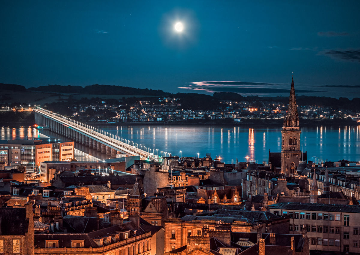 Rooftops Tay Road Bridge Moon City Dundee Scotland A4 A3 A2 A1 Print Canvas Wall Art Poster Photo Photograph Gift Unique