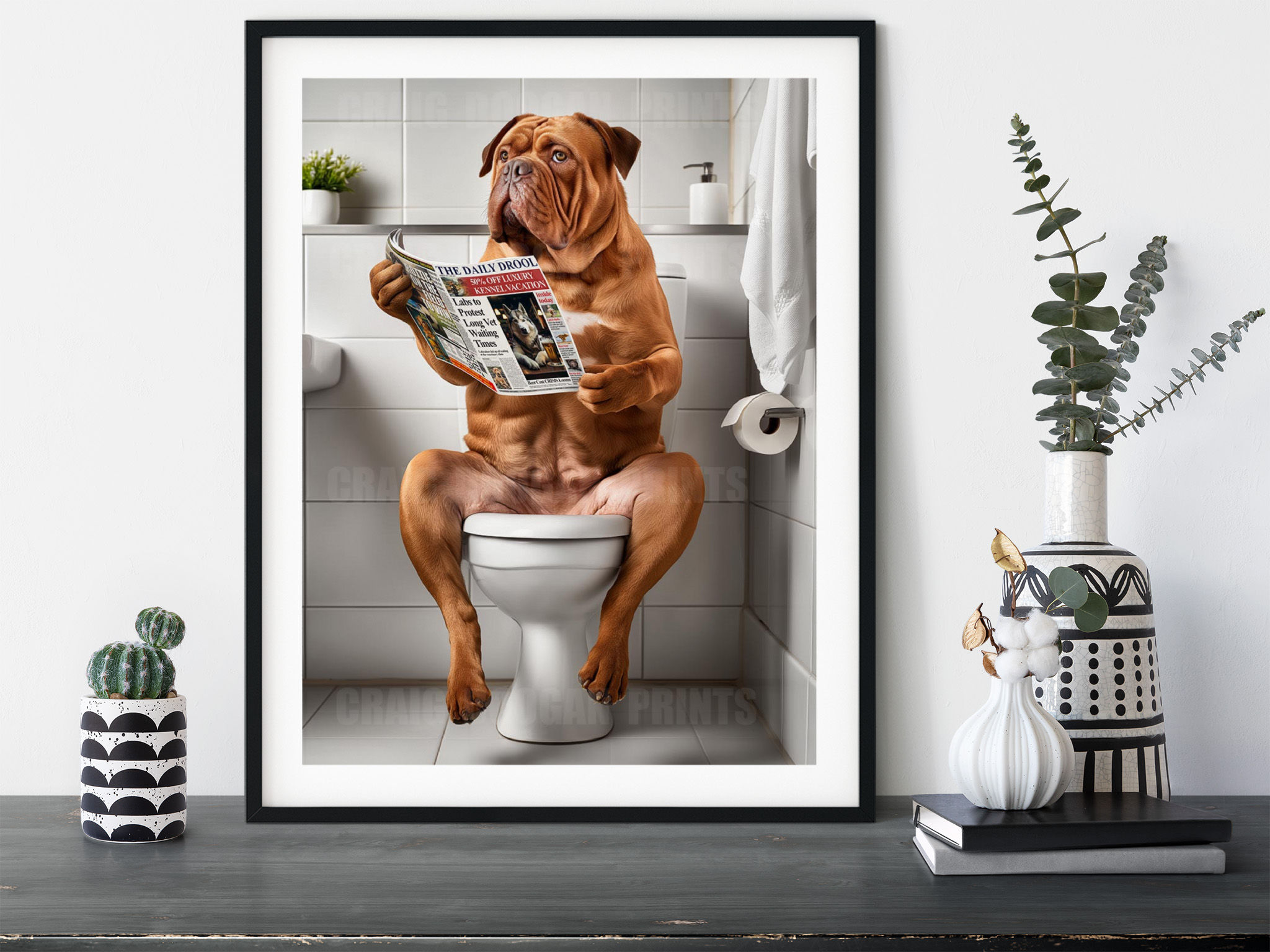 Dogue de Bordeaux on the Toilet Reading Newspaper Funny Dog Wall Art