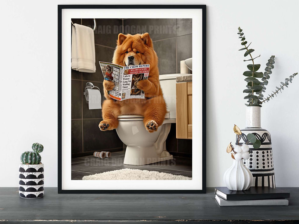 Funny Chow Chow Toilet Wall Art Dog Bathroom Reading Newspaper