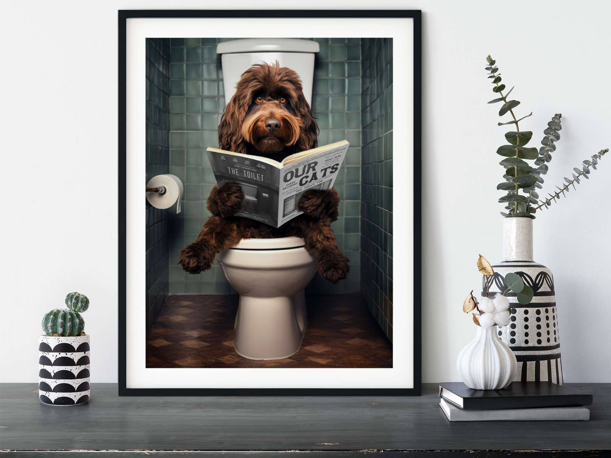 Brown Cockapoo Dog on the Toilet Reading Newspaper