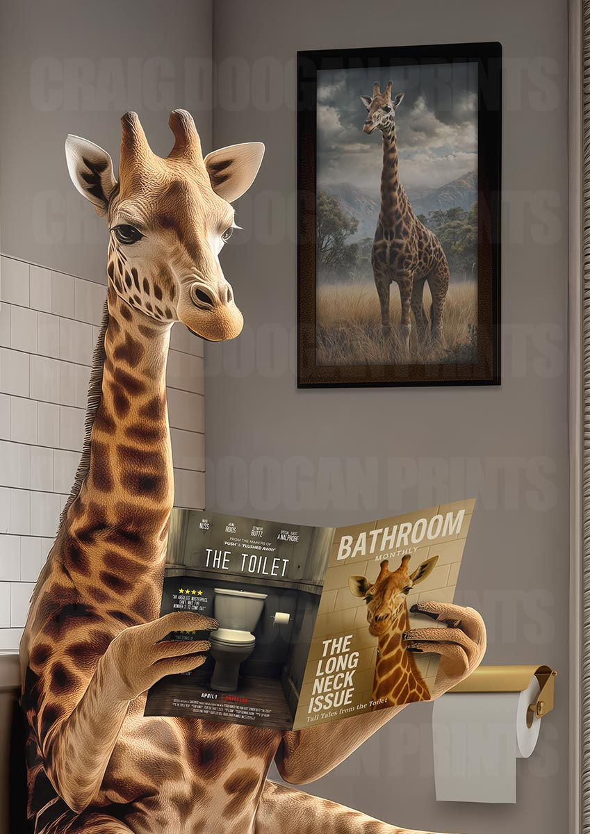 Thumbnail: Funny giraffe bathroom wall art print showing a giraffe sitting on a toilet reading a magazine, quirky animal lover home déco