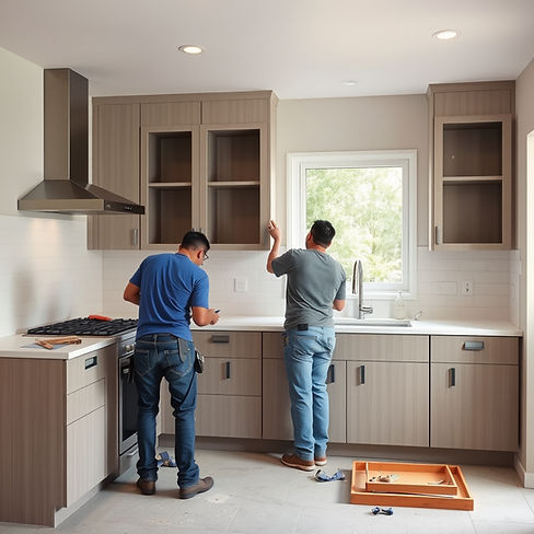 Filipino construction carpenters working on installing modular cabinets in a light-themed