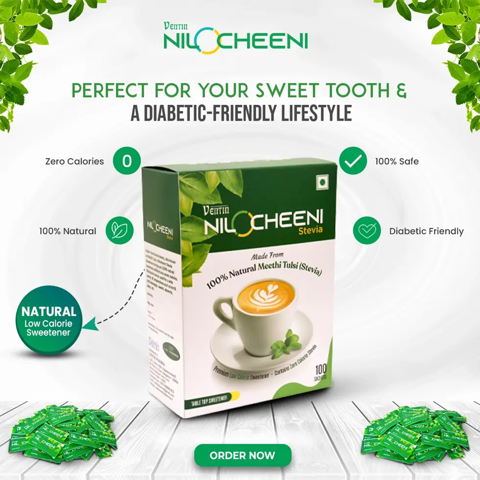 Infographic highlighting benefits of NiloCheeni zero calorie stevia sachets – diabetic-friendly