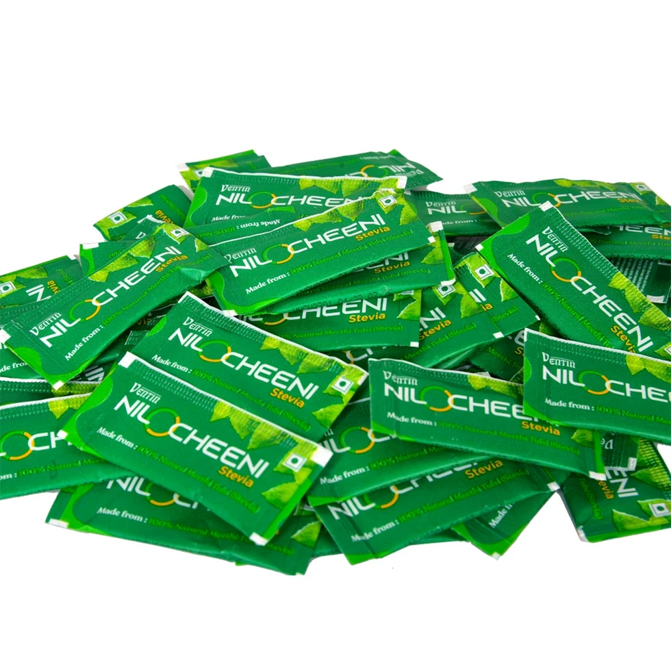 Single sachet of NiloCheeni zero calorie stevia sweetener – plant-based and portable