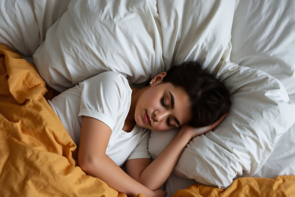 Sleeping woman in a white T-shirt on white pillows under a mustard-yellow blanket in a calm bedroom scene