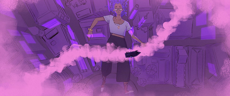 A personagem Azul em cena da animação brasileira Glória & Liberdade (2025), de Letícia Simões. Na imagem desenhada, a personagem negra de cabelos azuis, blusa branca e calça escura parece flutuar, ao mesmo tempo que também pode parecer que está caindo sobre uma cidade toda em tons de lilás. Uma fumaça rosa rodeia a cena e um barco navega um curso deixado por ela.