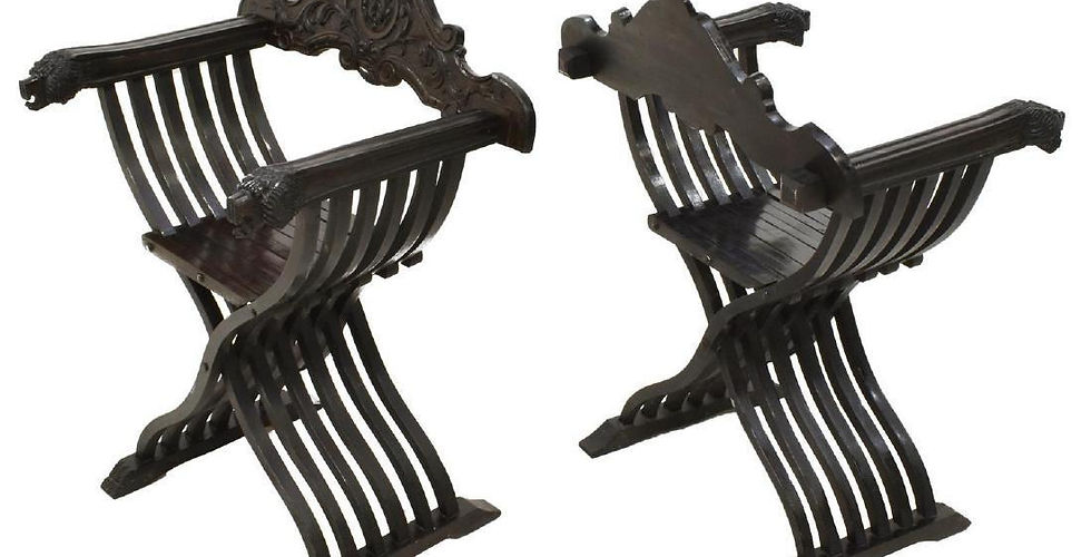 Thumbnail: Italian Walnut Savonarola Curule Chairs With Loin Motif, a Pair