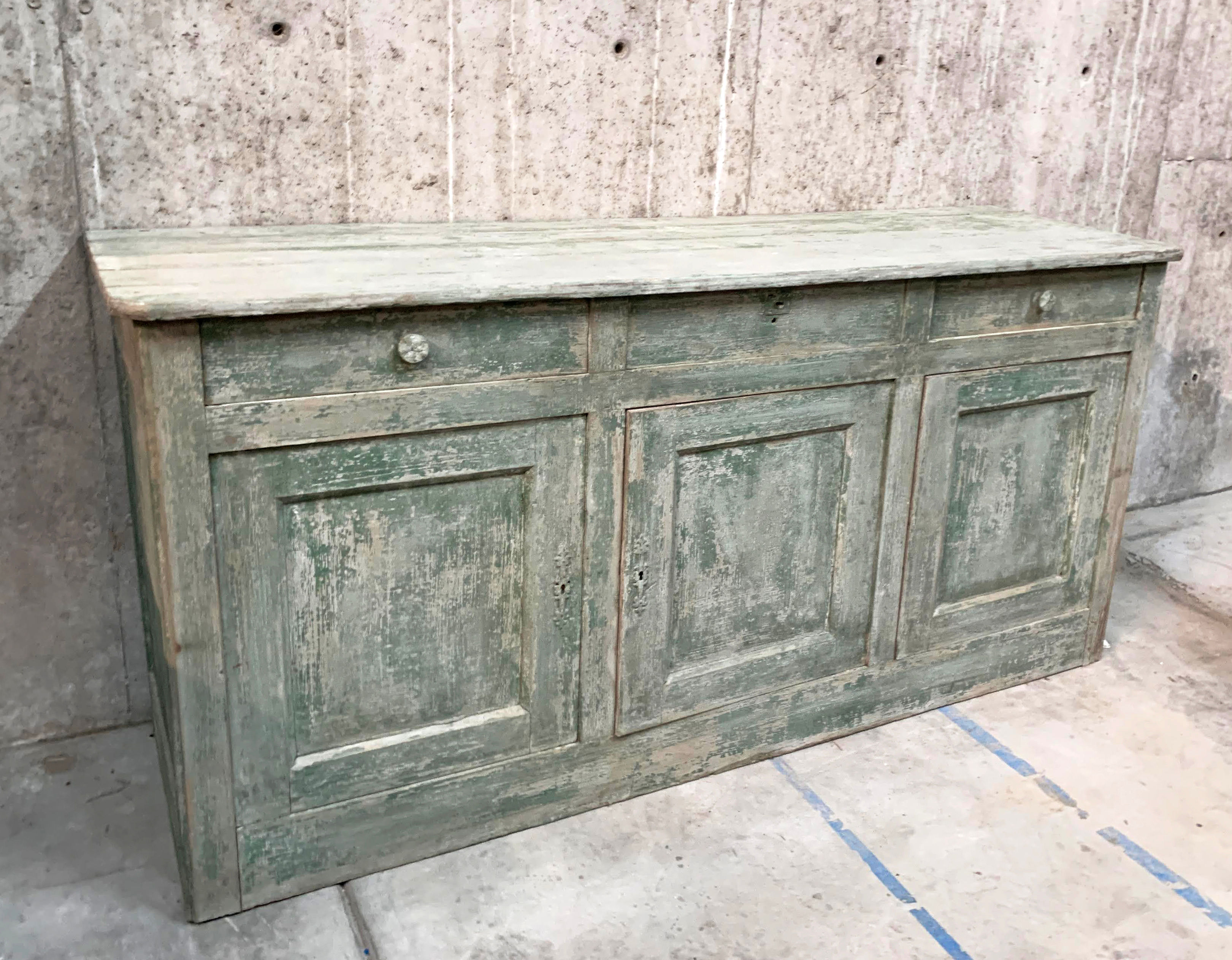 Vintage Light Green Distressed Painted Long Buffet