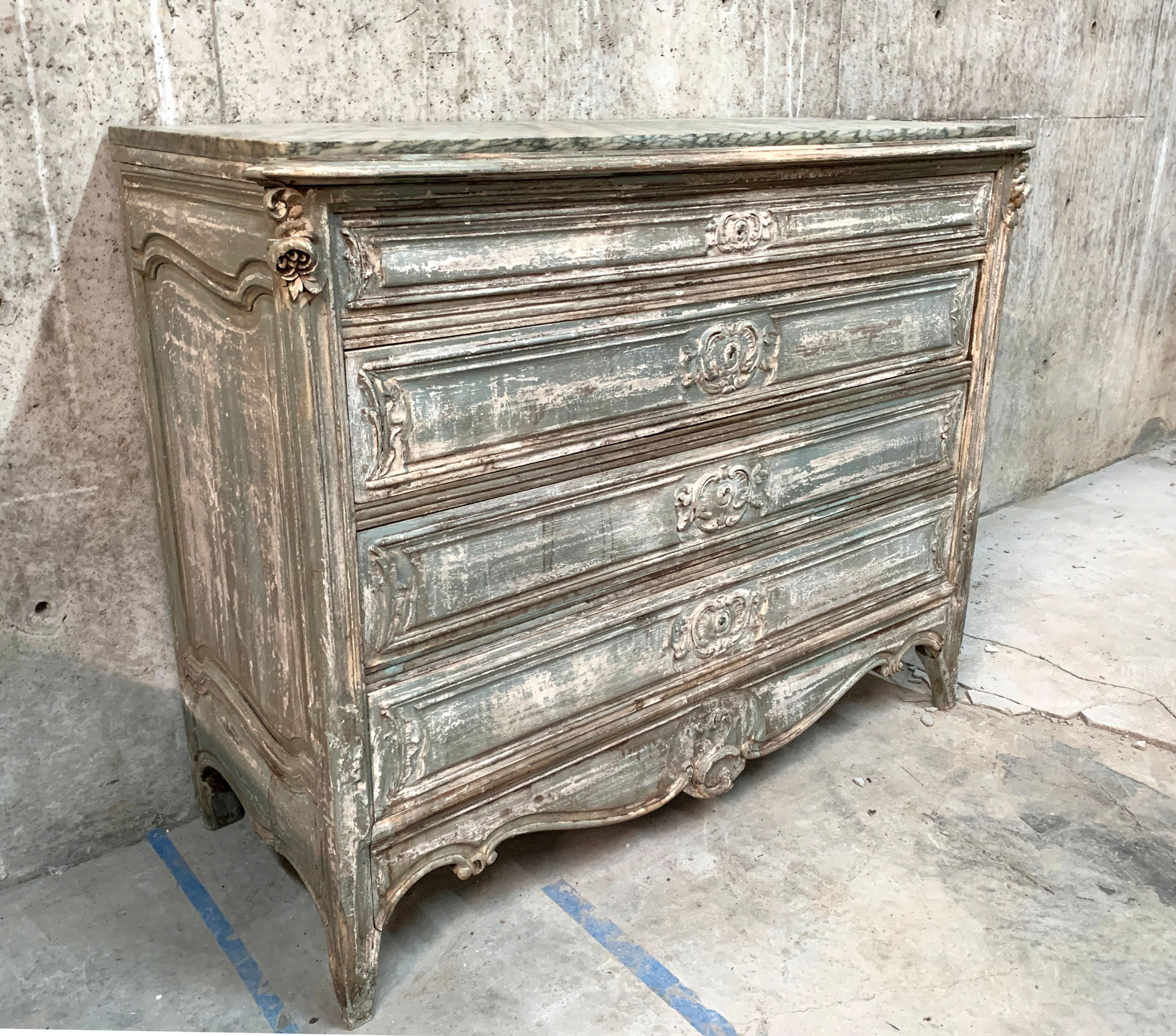 Green Distress-Painted Commode with Green Marble Top