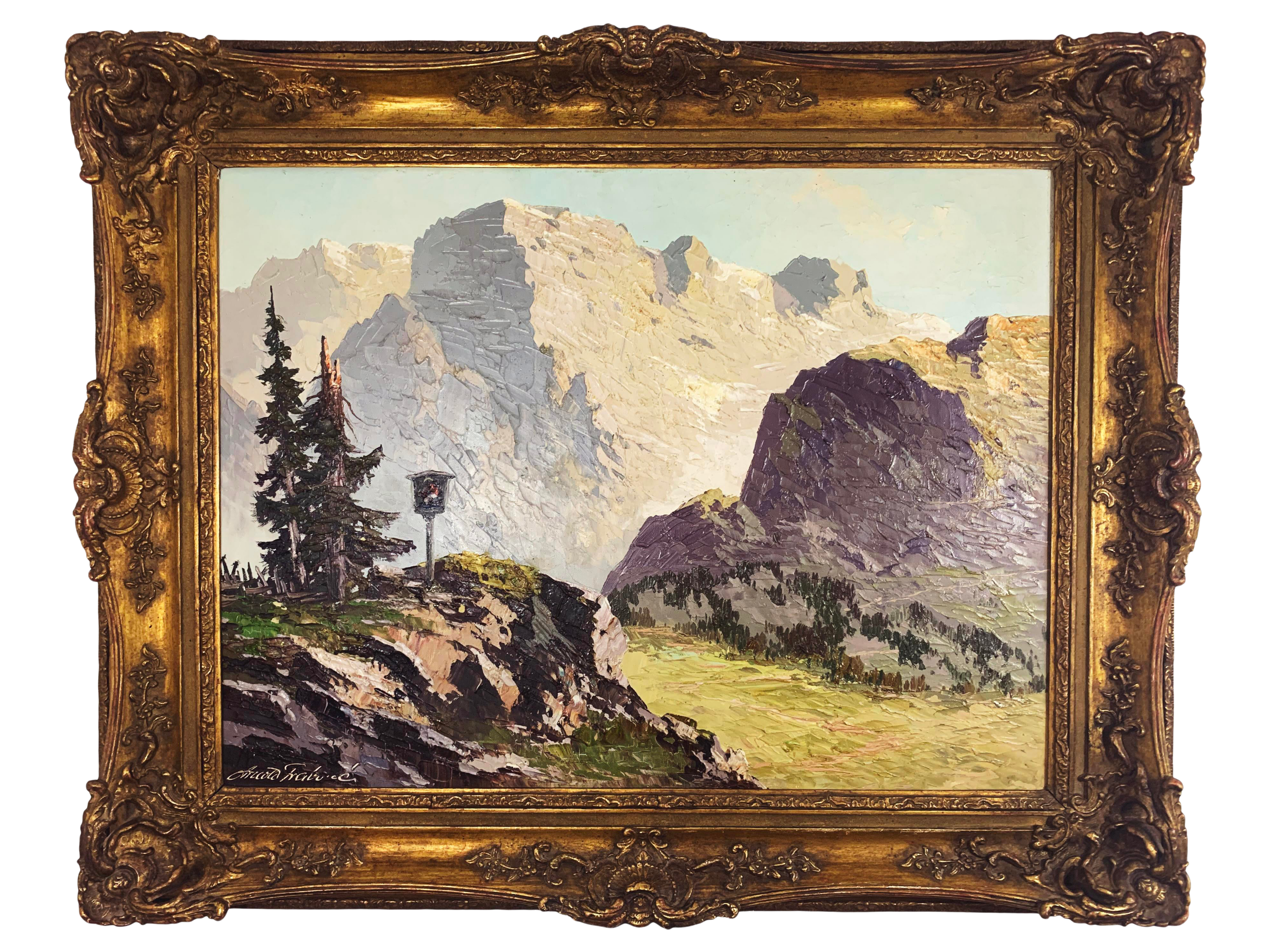 Large Framed Mountain Scene Oil Painting in Gilt Gold Frame