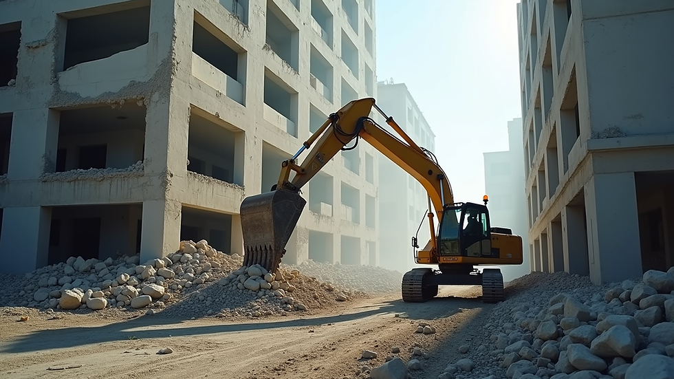 Eye-level view of a construction site with demolition machinery working on a building