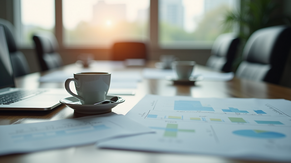 Close-up of a conference room table with business plans and coffee cups