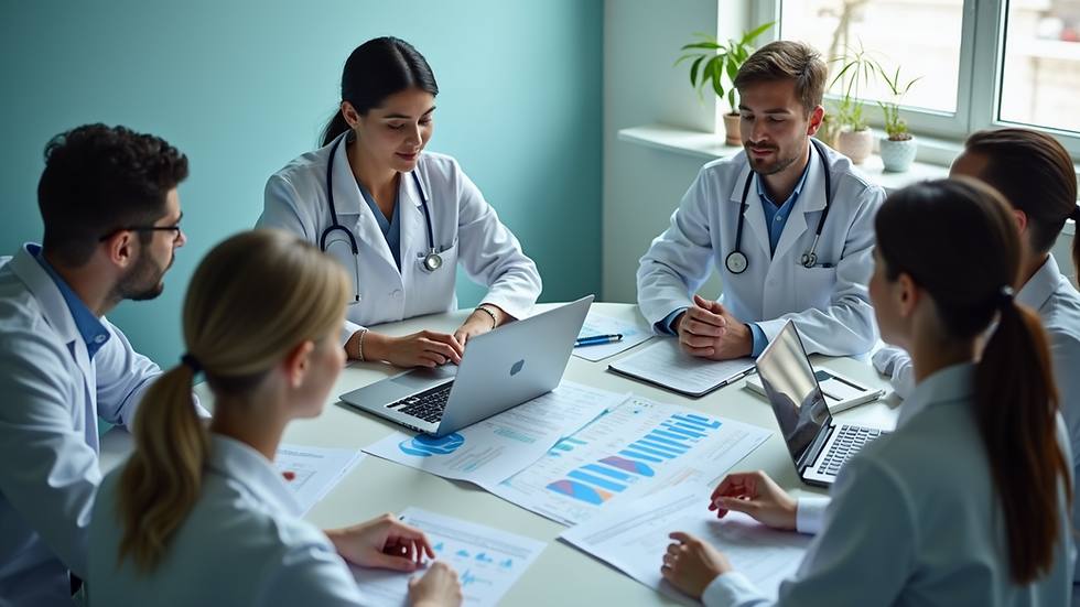 High angle view of a healthcare team collaborating around a table with laptops and charts