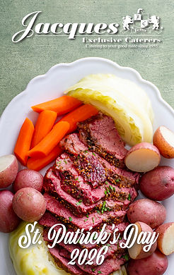Saint Patrick’s Day catering menu card for Jacques Exclusive Catering featuring Irish-inspired seasonal menu options.