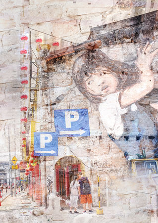 A large mural of a girl on the house wall in China Town, Kuala Lumpur. Fine Art photography by Päivi Maria Wells.