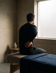 A person sitting on a treatment table holding their lower back